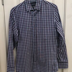 Banana Republic Men's Light Blue and Burgundy Checked Dress Shirt
